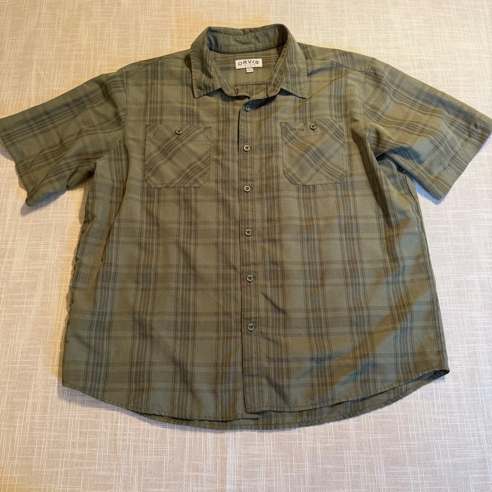 Orvis Mens XXL Olive Green Plaid Short Sleeve Button Front Fishing Hiking Shirt